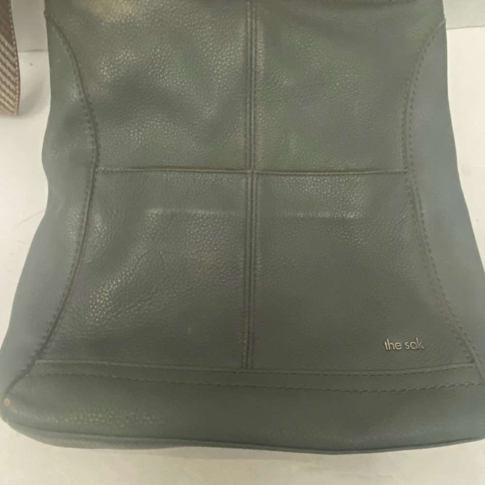 The Sak Luci Leather Crossbody Shoulder Bag in Gray Blue with Webbing Strap